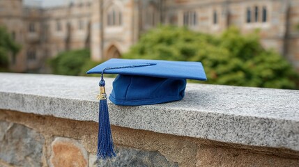 Obraz premium Graduation cap resting on a stone wall outdoors.