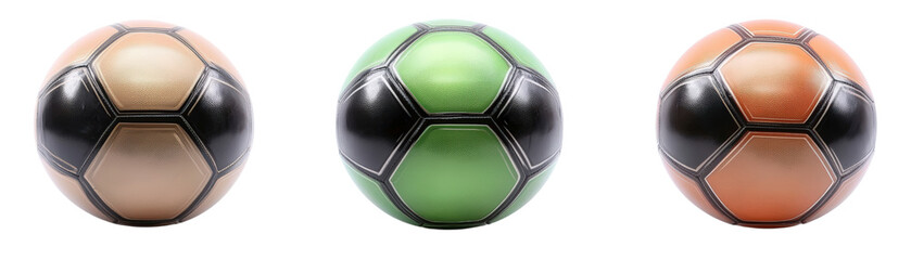 Three colorful soccer balls with black panels and vibrant colors including gold green and orange on a plain white background perfect for sports and recreation themes
