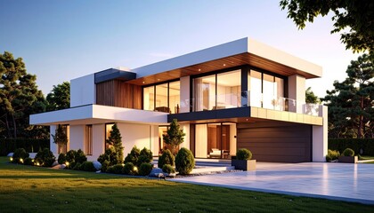 Fototapeta premium Modern Luxury Home at Sunset Architectural Elegance.
