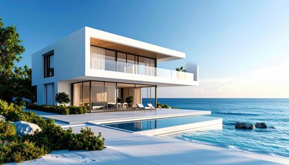 Obraz premium Modern Beach House Oceanfront Luxury in Minimalist Style.