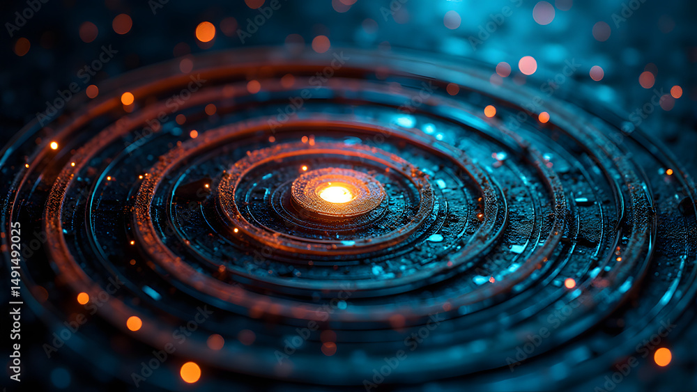 Poster radiating circular circuits with spiral connectors, mimicking advanced radio frequency antenna array