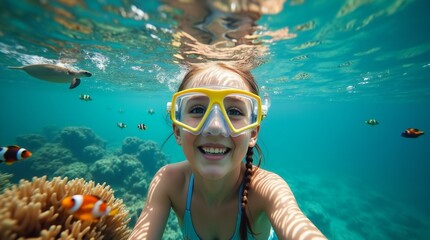 Naklejka premium A Girl Wearing Diving Mask is Snorkeling.