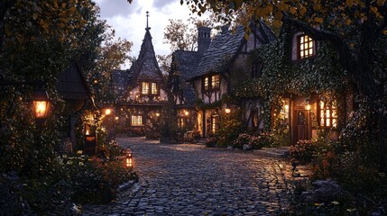 Charming Enchanted Village at Twilight with Cozy Lanterns and Lush Flora