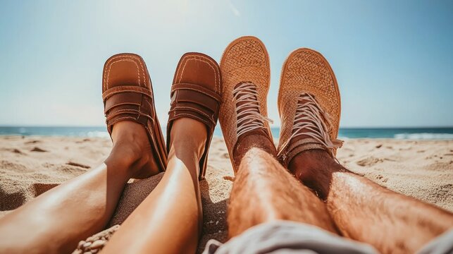 Couple's relaxed beach getaway showcasing footwear styles against a serene backdrop