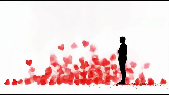 A silhouetted man stands contemplatively amidst a pile of red heart shapes.