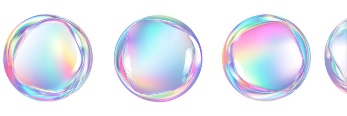 Set of 3D Circle-Shaped Iridescent Holographic Bubbles on Transparent Background

