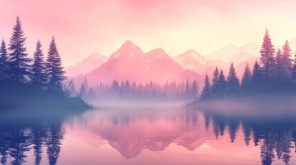 Fototapeta premium Serene Landscape with Misty Mountains and Calm Lake During Sunrise