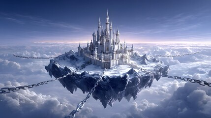 Majestic floating castle surrounded by chains fantasy world digital art ethereal atmosphere wide angle surrealism