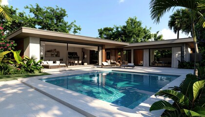 Fototapeta premium Modern Villa Oasis Poolside Luxury Living Under Tropical Skies.