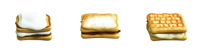 Assortment of three different breakfast pastries including a layered cream-filled dessert a plain pastry and a waffle with crispy texture on a white background