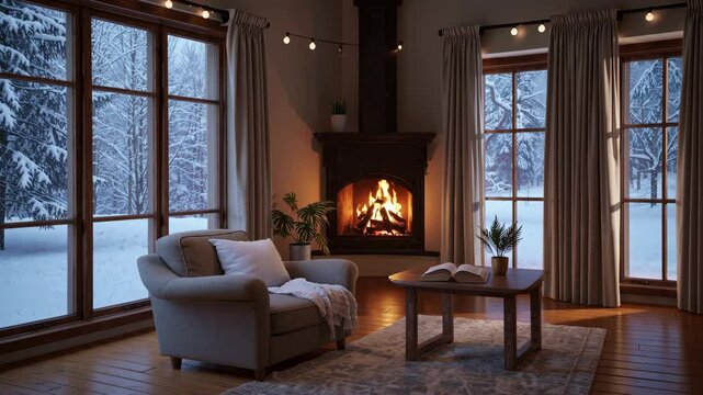 Animated Lofi Virtual Background: Cozy Living Room, Crackling Fireplace, Winter Forest Snow View from Window, Relaxing Serene Ambiance for Streaming, Meetings, Study