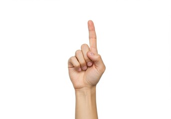 A raised index finger gesture against a plain and simple white backdrop area