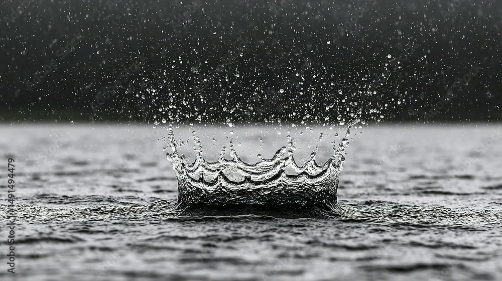 Poster close-up view of water droplets splashing on a dark surface.