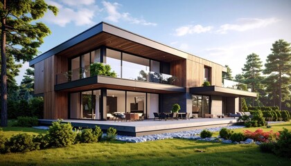 Fototapeta premium Modern Wood Home Stylish Architecture Amidst Natures Serenity.