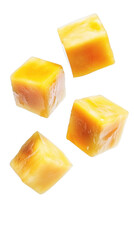 Freshly cut yellow cheddar cheese cubes isolated on white background, detailed close-up of tasty snack or ingredient for cooking and cheese platter presentation