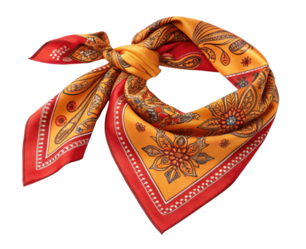 Vibrant Yellow and Red Floral Patterned Scarf with Detailed Design Tied Elegantly