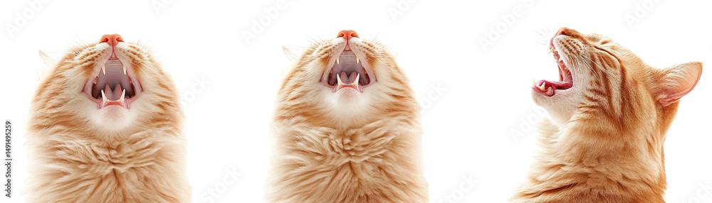 Poster close-up of a fluffy orange tabby cat showing three different expressions including yawning and meow