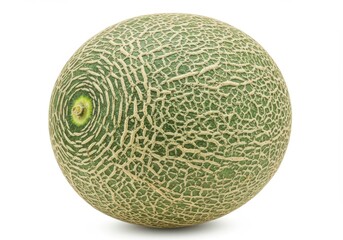 Close up view of a cantaloupe melon with textured rind against a plain backdrop