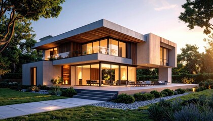 Fototapeta premium Modern home exterior at sunset with sleek design, and luxurious living.