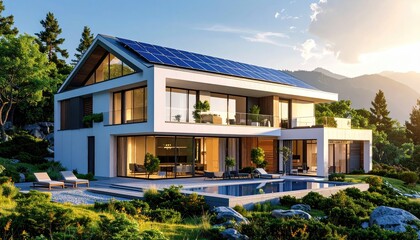 Fototapeta premium Modern villa with solar panels infinity pool with nature landscape.