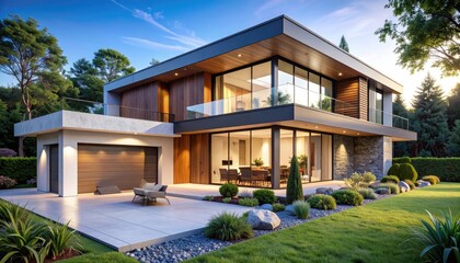 Fototapeta premium Modern Dream Home Luxury Architecture Landscaped Yard at Sunset.