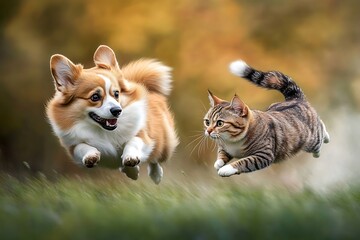 Playful corgi and cat compete in a joyful chase outdoor park animal photography sunny day action shot