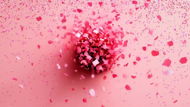 A cluster of small pink and white objects surrounded by a scattering of similar, smaller fragments on a light pink surface.