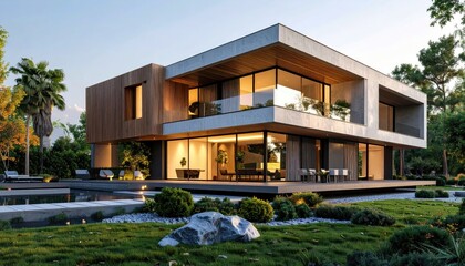 Fototapeta premium Modern Luxury Contemporary Home Pool in Lush Green Serenity.