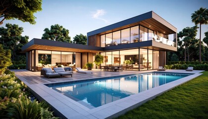 Fototapeta premium Modern Villa Poolside Paradise with Luxury Home, and Sunny Day.