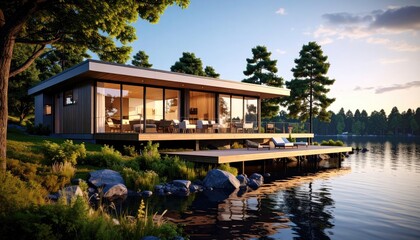 Lakeside Retreat Modern Cabin with Dock on Serene Water at Sunset.