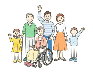 車いすのお婆さんを介助する三世代家族が集合した全身イラスト
