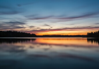 Obraz premium Serene lake at sunset reflecting vibrant skies in tranquil water surface