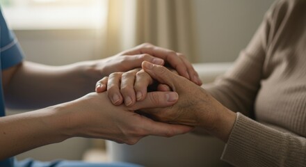 Elderly care support concept showing hands of nurse holding senior patient hands comfort