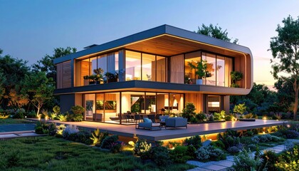 Obraz premium Modern Home Luxury Evening Glow illuminates Contemporary Design.