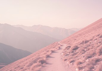 Fototapeta premium A Serene Mountain Path, Pastel Hues of Nature's Gentle Embrace at Dawn
