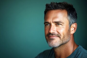 Visual graphic design art of style for aging men. Green solid background. A dynamic male posing with grace and charm. Chic men's classic long sweep haircut - midlife white man with black hair.