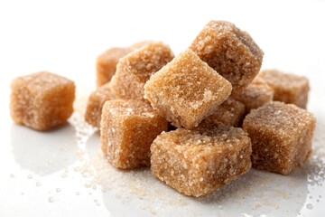 Brown sugar cubes close-up on white background