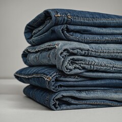 Blue denim jeans folded neatly on white.