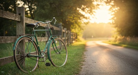 Fototapeta premium Nostalgic Journey Awaits, Vintage Bicycle Resting by a Rural Fence at Sunset