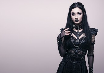 Portrait of a stunning techno goth woman with dramatic makeup and outfit