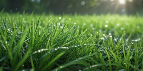 Obraz premium Vibrant green grass blades, dew drops glistening , stem, outdoor