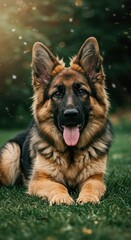 Portrait of a german shepherd dog laying on the grass in a park looking at the camera
