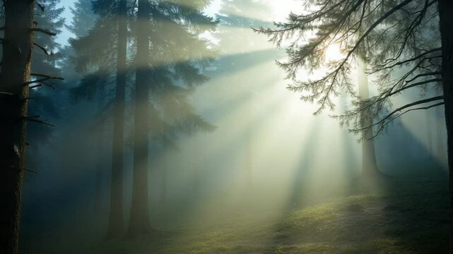 Misty forest landscape in Canada with sunlight filtering through trees