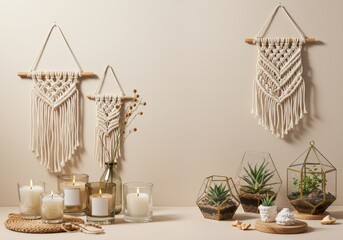 Stylish home decor arrangement featuring macrame, candles, and terrariums