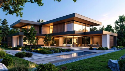 Fototapeta premium Modern Luxury Sleek Home with Poolside Bliss at Dusk.