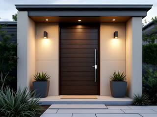 Modern minimalist house exterior with contemporary architecture, wooden entrance door, stone pathway, LED lighting, potted plants, and dark gray walls with clean lines.




