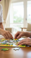 Obraz premium Senior adult care: elderly woman doing jigsaw puzzle with caregiver assistance at home