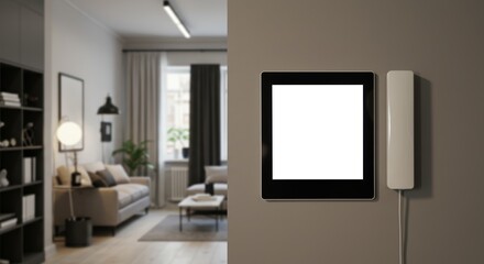 Modern smart home technology display with blank screen in stylish apartment