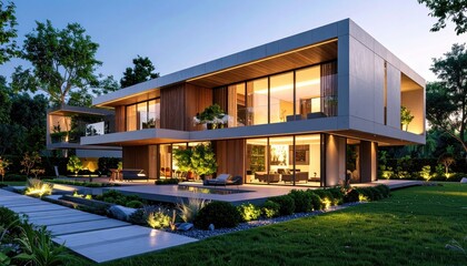 Fototapeta premium Modern Home at Dusk Luxury Living with Architectural Design.