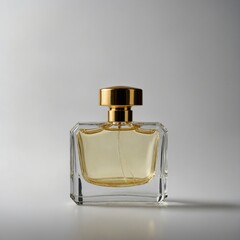 Transparent glass perfume bottle with golden cap on white.